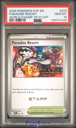 Pokemon Card PSA 10 Paradise Resort STAFF SVP 224 World Championships Promo 2025 - Image 1