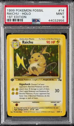 1999 POKEMON FOSSIL 1ST ED #14 RAICHU-HOLO PSA 9 - Image 1