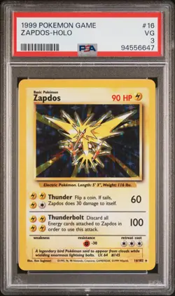 1999 POKEMON BASE SET UNLIMITED #16 ZAPDOS-HOLO PSA 3 - Image 1