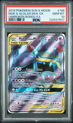 2019 POKEMON SUN & MOON UNBROKEN BONDS #196 FULL ART/MUK & ALOLAN MUK GX PSA 10 - Image 1
