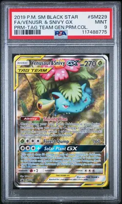 PSA 9 MINT Venusaur & Snivy GX SM229 Tag Team Black Star Promo 2019 Pokemon Card - Image 1