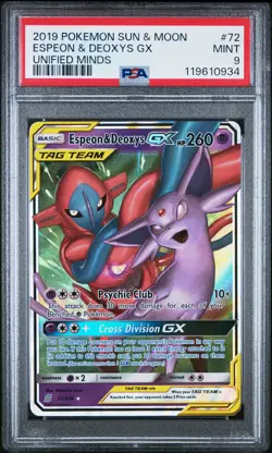 2019 POKEMON UNIFIED MINDS ESPEON & DEOXYS GX #72 PSA 9 MINT #119610934 - Image 1