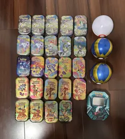 Pokemon TCG Lot Of 28 Assorted Empty Tins - 24 Mini Tins 3 Pokeballs 1 Tin - Image 1