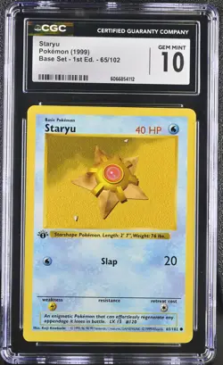 CGC 10 GEM MINT Staryu 1999 Base Set 1st Edition Shadowless 65/102 Pokemon Card - Image 1
