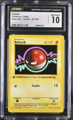 CGC 10 GEM MINT Voltorb 1999 Base Set 1st Edition Shadowless 67/102 Pokemon Card - Image 1