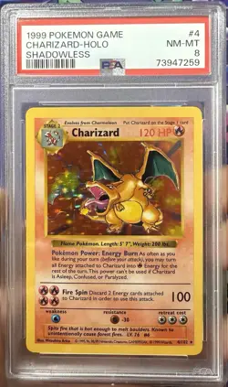 Rare 1999 Pokemon Game Shadowless # 4 Charizard Holo PSA 8 Card NM-MINT BASE SET - Image 1