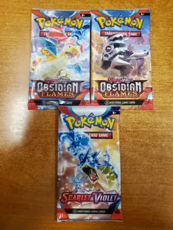 3 Pk: Pokemon (2) Obsidian Flames & (1) Scarlet & Violet Booster Cards 10 ea E8C - Image 1