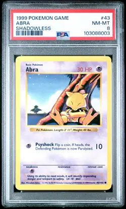 1999 POKEMON BASE SET SHADOWLESS #43 ABRA PSA 8 - Image 1