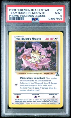 2000 POKEMON PROMO BLACK STAR POKEMON LEAGUE #18 TEAM ROCKET'S MEOWTH PSA 9 - Image 1