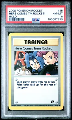 2000 POKEMON ROCKET #15 HERE COMES TEAM ROCKET!-HOLO PSA 8 - Image 1
