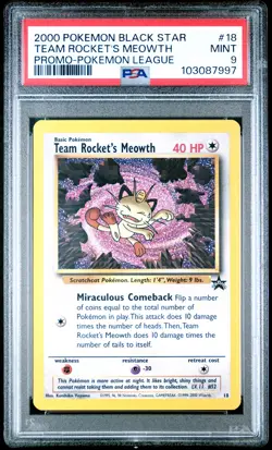 2000 POKEMON PROMO BLACK STAR POKEMON LEAGUE #18 TEAM ROCKET'S MEOWTH PSA 9 - Image 1