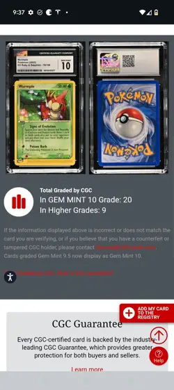 (POP 20) CGC 10 GEM MINT EX Ruby & Sapphire Wurmple 78/109 Pokemon Card - Image 4