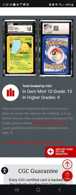 (POP 10) CGC 10 GEM MINT Sunflora 105/144 Rare Skyridge Pokemon Card 2003 - Image 4