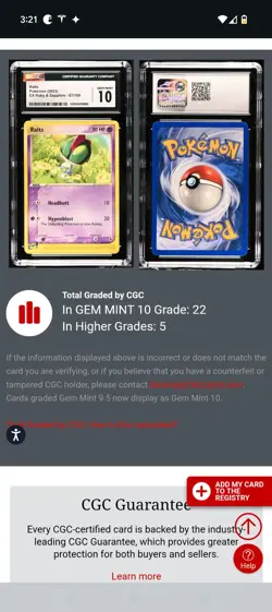 (POP 22) CGC 10 GEM MINT Ralts EX Ruby & Sapphire E-Reader 67/109 Pokemon Card - Image 4