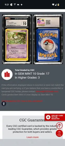 (POP 17) CGC 10 GEM MINT 2003 Pokemon Ralts EX Sandstorm 74/100 Card - Image 4