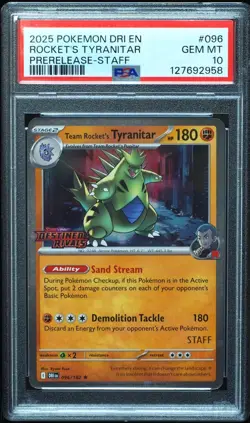 Team Rocket's Tyranitar STAFF Promo 096/182 PSA 10 Destined Rivals Pokemon #958 - Image 1