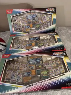 3x Pokemon Prismatic Evolutions Lucario EX and Tyranitar EX Premium Collection - Image 1