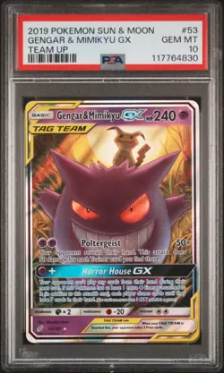 2019 POKEMON SUN & MOON TEAM UP #53 GENGAR & MIMIKYU GX PSA 10 - Image 1