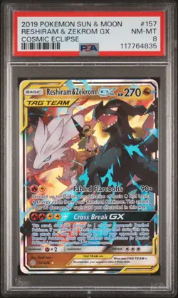 2019 POKEMON SUN & MOON COSMIC ECLIPSE #157 RESHIRAM & ZEKROM GX PSA 8 - Image 1