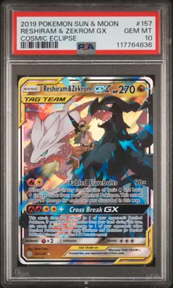 2019 POKEMON SUN & MOON COSMIC ECLIPSE #157 RESHIRAM & ZEKROM GX PSA 10 - Image 1
