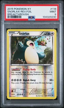 2015 POKEMON XY BREAKTHROUGH #118 SNORLAX-REVERSE FOIL PSA 9 - Image 1