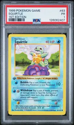 PSA 1 Squirtle Shadowless 1st Edition #63 Base Set 1999 Pokemon WoTC PR - Image 1