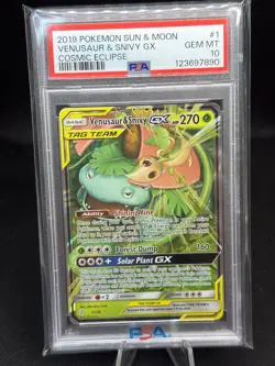 VENUSAUR & SNIVY GX PSA 10 2019 POKEMON SUN & MOON COSMIC ECLIPSE #1/236 - Image 1