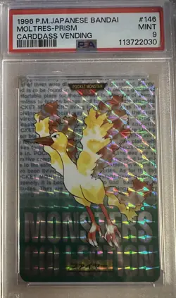 1996 PSA 9 Mint Moltres File 146 Japanese Pocket Monsters Carddass Green Prism - Image 1