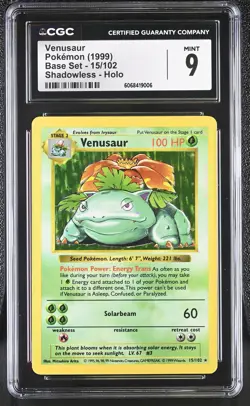 CGC 9 MINT Venusaur 1999 Base Set 15/102 Shadowless Holo Pokemon Card - Image 1
