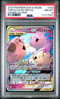 2019 POKEMON SUN & MOON COSMIC ECLIPSE #143 TOGEPI & CLEFFA & IGGLYBUFF GX PSA 8 - Image 1