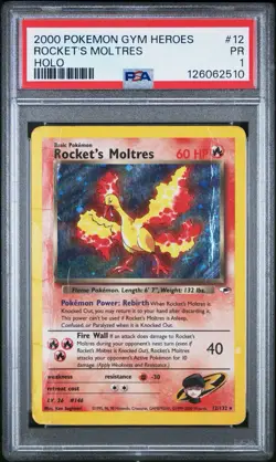 PSA 1 Rocket's Moltres 12/132 Gym Heroes 2000 Holo Rare WOTC Pokemon Card TCG - Image 1