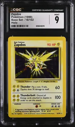 CGC 9 MINT Zapdos 1999 Base Set 16/102 Holo Pokemon Card - Image 1