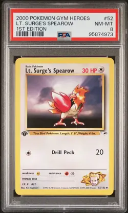 2000 POKEMON GYM HEROES 1ST ED #52 LT. SURGE'S SPEAROW PSA 8 - Image 1
