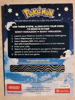 Pokemon Scarlet & Violet Shiny Koraidon / Miraidon Redeem Code UNSCRATCHED - Image 2