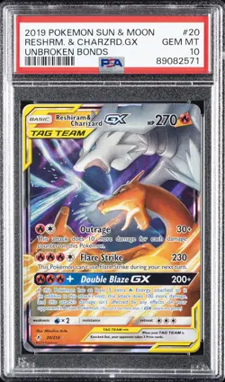 2019 POKEMON SUN & MOON UNBROKEN BONDS #20 RESHIRAM & CHARIZARD GX PSA 10 - Image 1