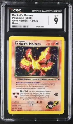 CGC 9 MINT Rocket's Moltres 2000 Gym Heroes 12/132 Holo SWIRL Pokemon Card - Image 1