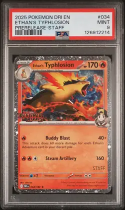 2025 POKEMON DRI EN-DESTINED RIVALS PRERELEASE-STAFF ETHAN'S TYPHLOSION PSA 9 - Image 1