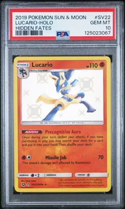 2019 Pokemon Sun & Moon Lucario Holo Hidden Fates SV22/SV94 PSA 10 - Image 1