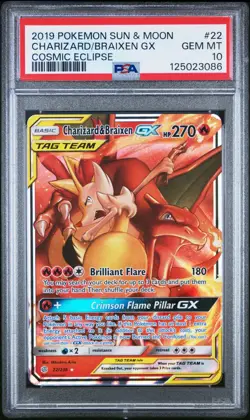2019 POKEMON SUN & MOON COSMIC ECLIPSE #22 CHARIZARD & BRAIXEN GX PSA 10 - Image 1