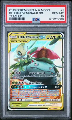 2019 POKEMON SUN & MOON TEAM UP #1 CELEBI & VENUSAUR GX PSA 10 - Image 1