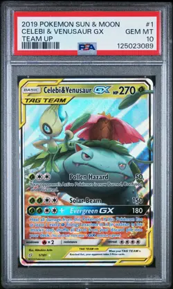 2019 POKEMON SUN & MOON TEAM UP #1 CELEBI & VENUSAUR GX PSA 10 - Image 1
