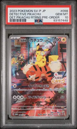 2023 POKEMON JAPANESE SV-P PROMO PRE-ORDER #098 DETECTIVE PIKACHU PSA 10 - Image 1