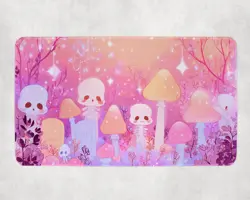 Kawaii Skeleton Garden MTG Playmat - Pastel Mushrooms and Skulls Design - Image 1
