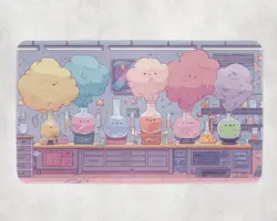 Kawaii Potion Lab MTG Playmat - Pastel Alchemy Mat with Smiling Flasks - Image 1