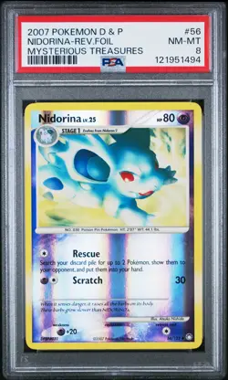 2007 POKEMON DIAMOND & PEARL MYSTERIOUS TREASURES NIDORINA-REVERSE FOIL PSA 8 - Image 1