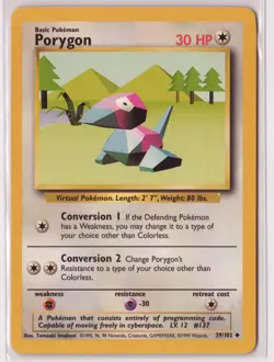 Vintage Pokemon Card TCG Base Set Unlimited Porygon 39/102 Uncommon - Image 1