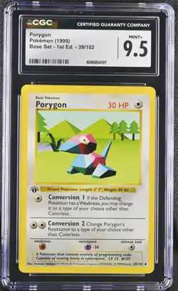 CGC 9.5 MINT+ Porygon 1999 Base Set 1st Edition Shadowless 39/102 Pokemon Card - Image 1
