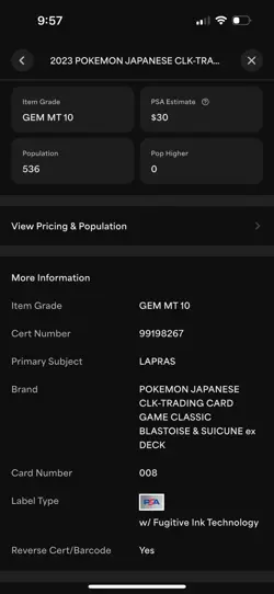 Pokemon TCG Lapras CLK 008/032 Japanese PSA 10 Graded Pokemon Card - Image 2
