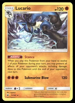 2017 Burning Shadows Set Pokemon Card 071 Lucario LP - Image 1