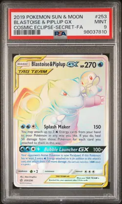 2019 POKEMON SUN & MOON COSMIC ECLIPSE #253 FULL ART/BLASTOISE & PIPLUP GX PSA 9 - Image 1